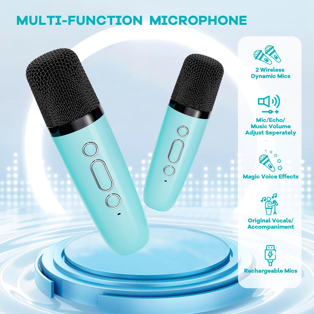 Máquina de karaoke mini portátil con altavoz Bluetooth y 2 micrófonos inalámbricos – Veylo