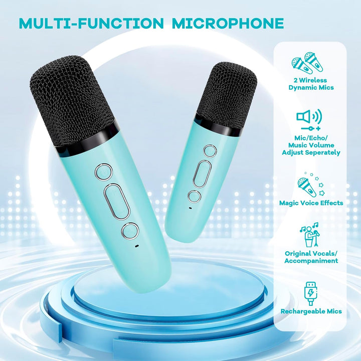 Máquina de karaoke mini portátil con altavoz Bluetooth y 2 micrófonos inalámbricos – Veylo