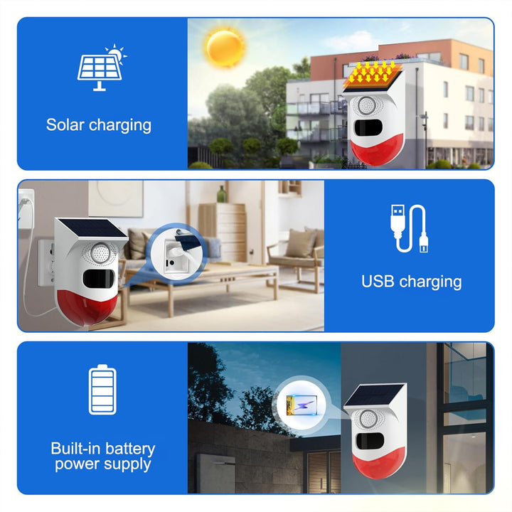Solar-Motionsensoralarm mit 120dB Sirene und LED-Stroboskop – Feronix