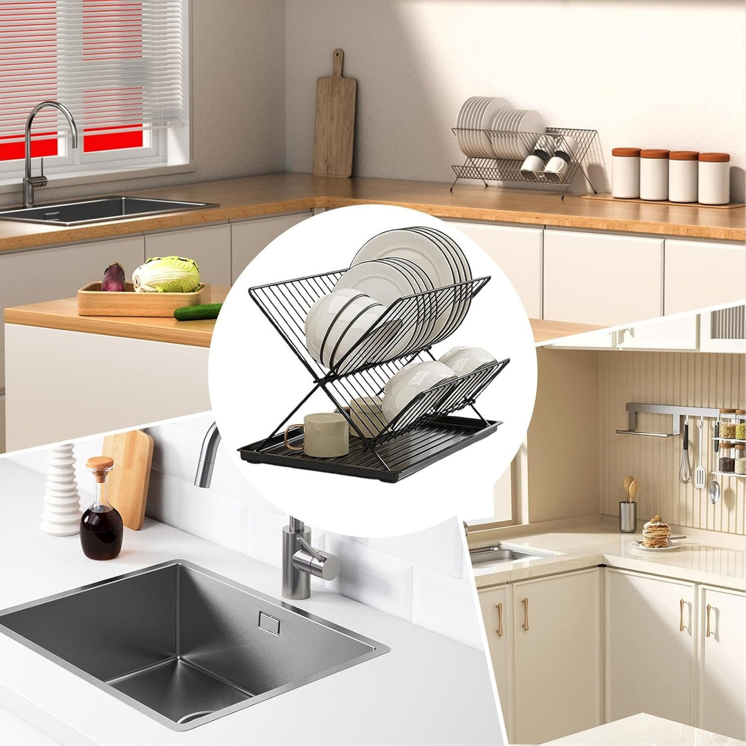 Foldable Dish Drainer – 2-Tier Kitchen Rack with Removable Tray – Kelvra