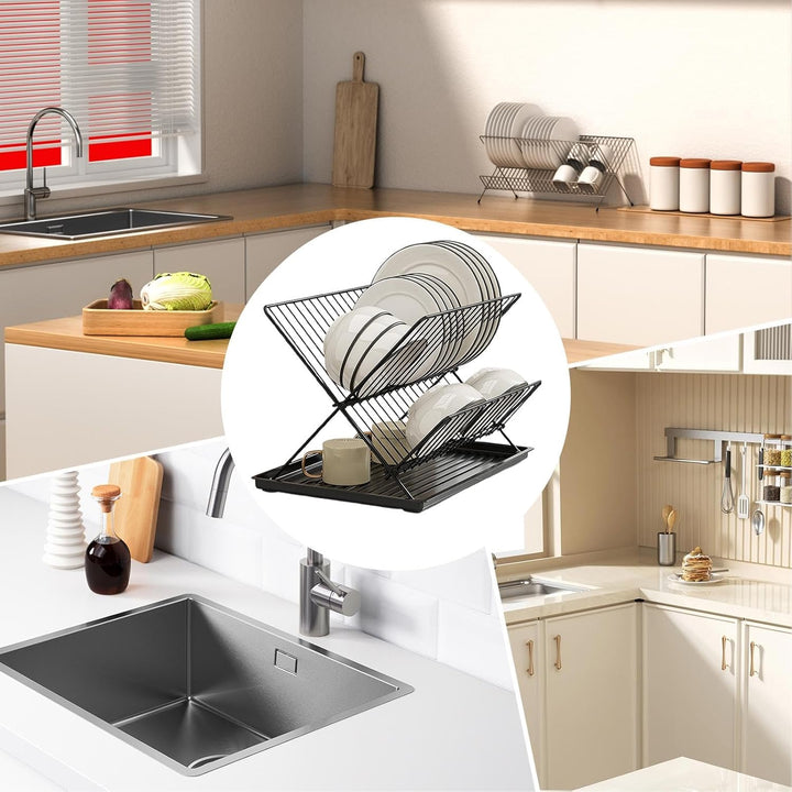 Foldable Dish Drainer – 2-Tier Kitchen Rack with Removable Tray – Kelvra