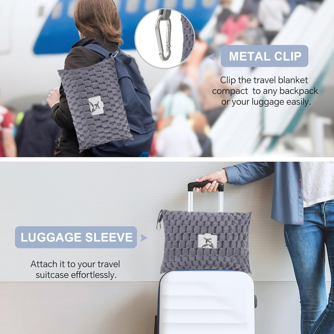 Packable Flanell-Reise-Decke mit Kissentasche und Gepäckschlitz – Trevora