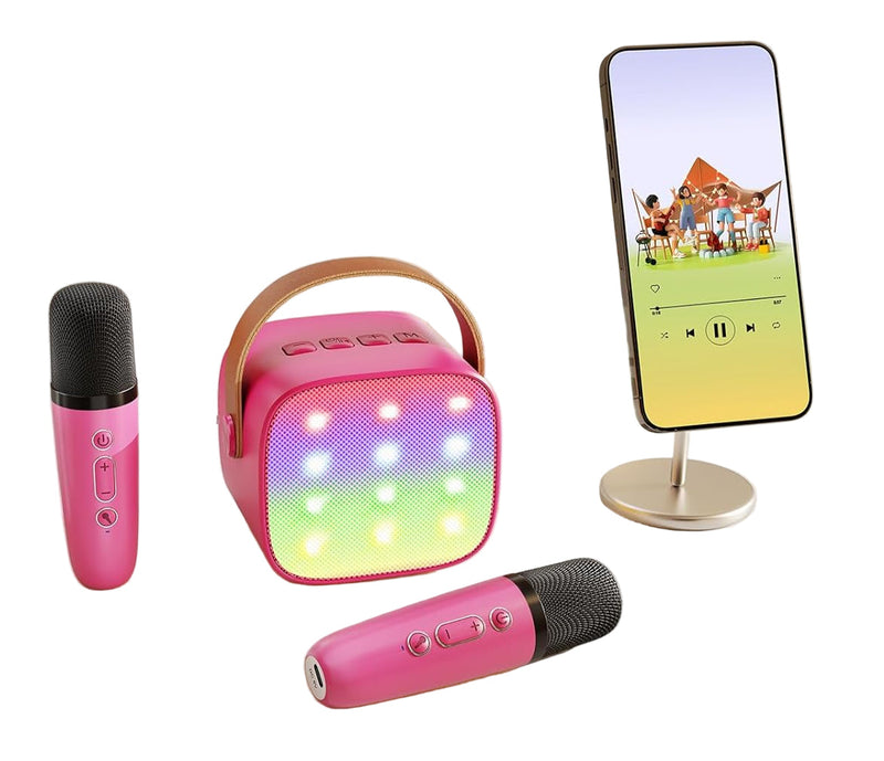 Máquina de karaoke mini portátil con altavoz Bluetooth y 2 micrófonos inalámbricos – Veylo
