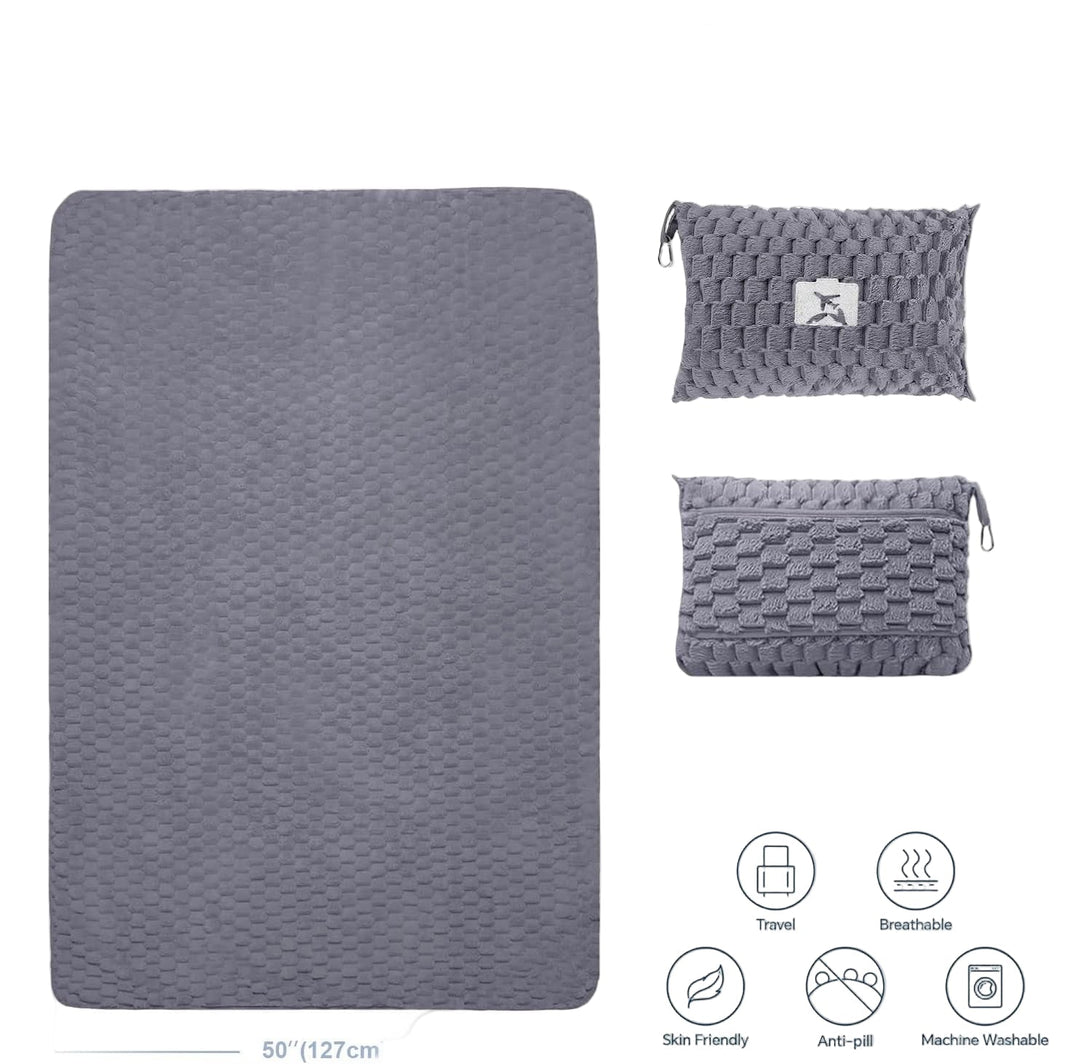 Packable Flanell-Reise-Decke mit Kissentasche und Gepäckschlitz – Trevora