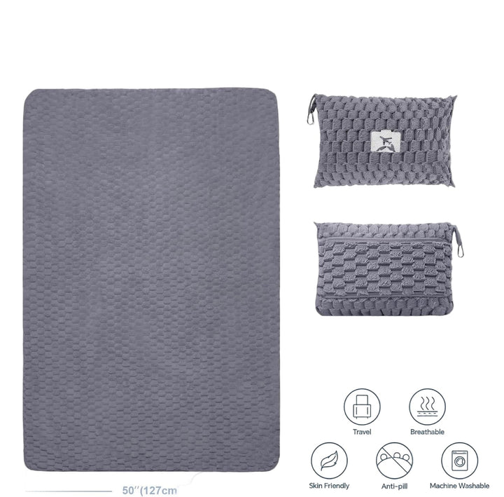 Packable Flanell-Reise-Decke mit Kissentasche und Gepäckschlitz – Trevora