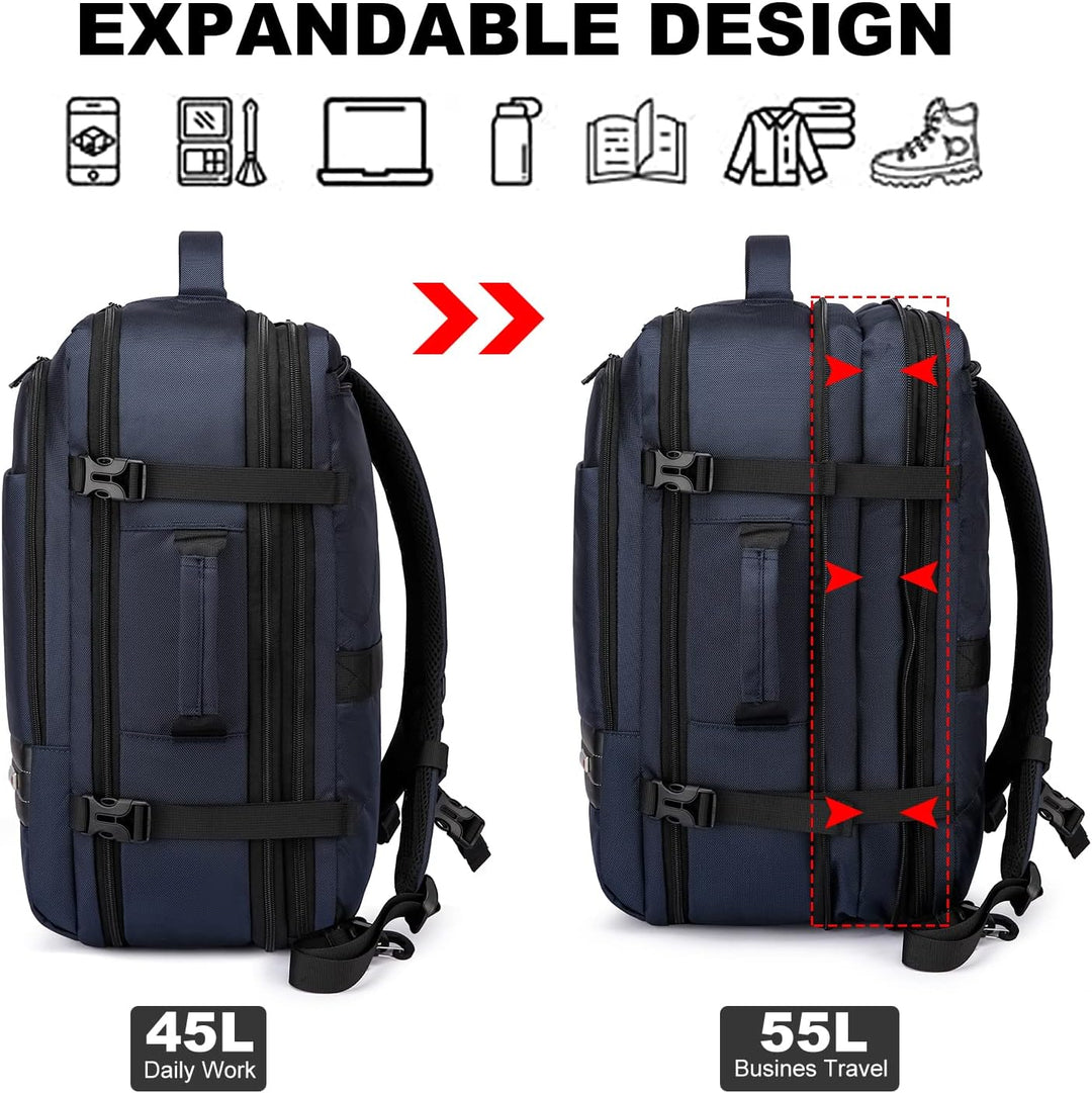 Utvidbar 45–55L vanntett reise-ryggsekk med 46,5 cm laptoplomme