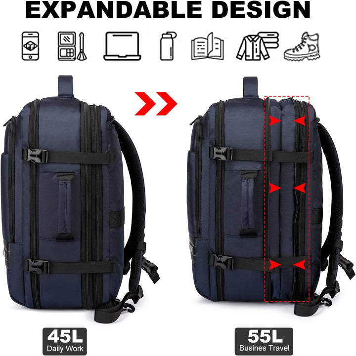 Utvidbar 45–55L vanntett reise-ryggsekk med 46,5 cm laptoplomme