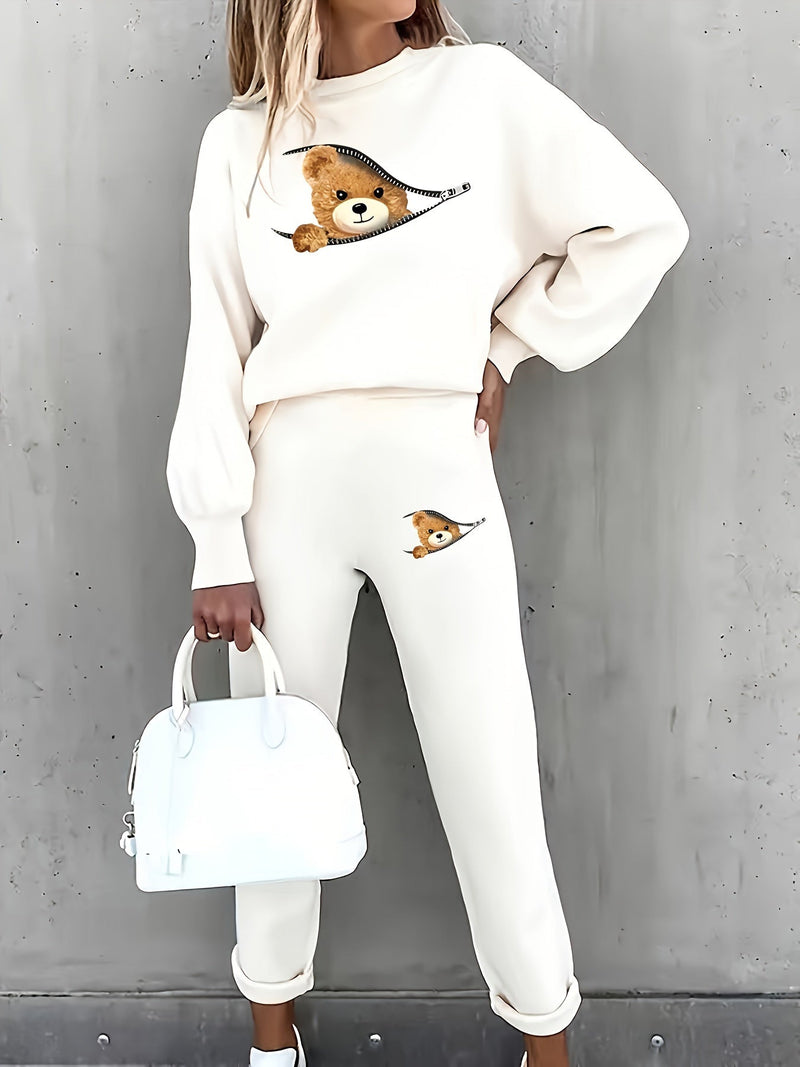 Casual Two-Piece Outfit with Cute Bear Print - Mila