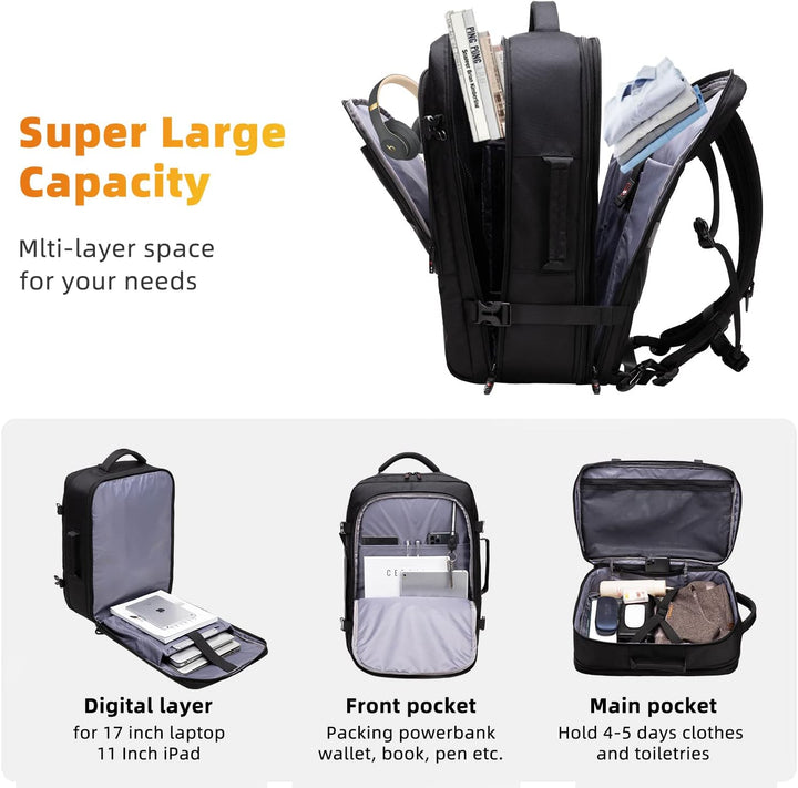 Utvidbar 45–55L vanntett reise-ryggsekk med 46,5 cm laptoplomme