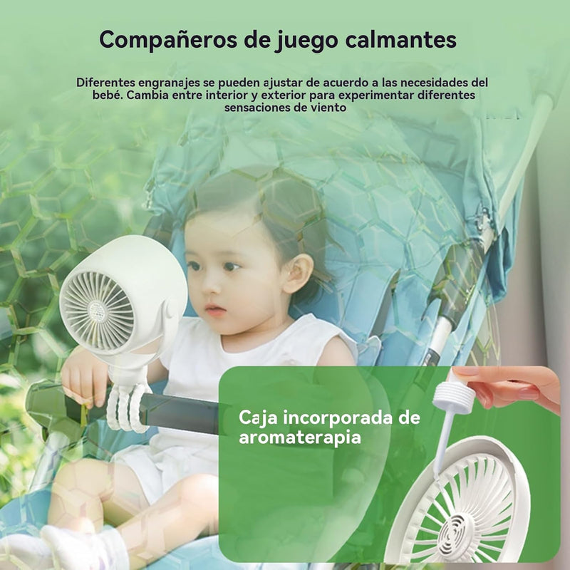 Genopladelig clip-on barnevognsventilator med natlys 100 hastigheder