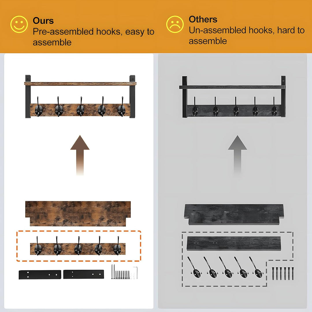 Perchero de pared con estante y 5 ganchos de metal – Ravora