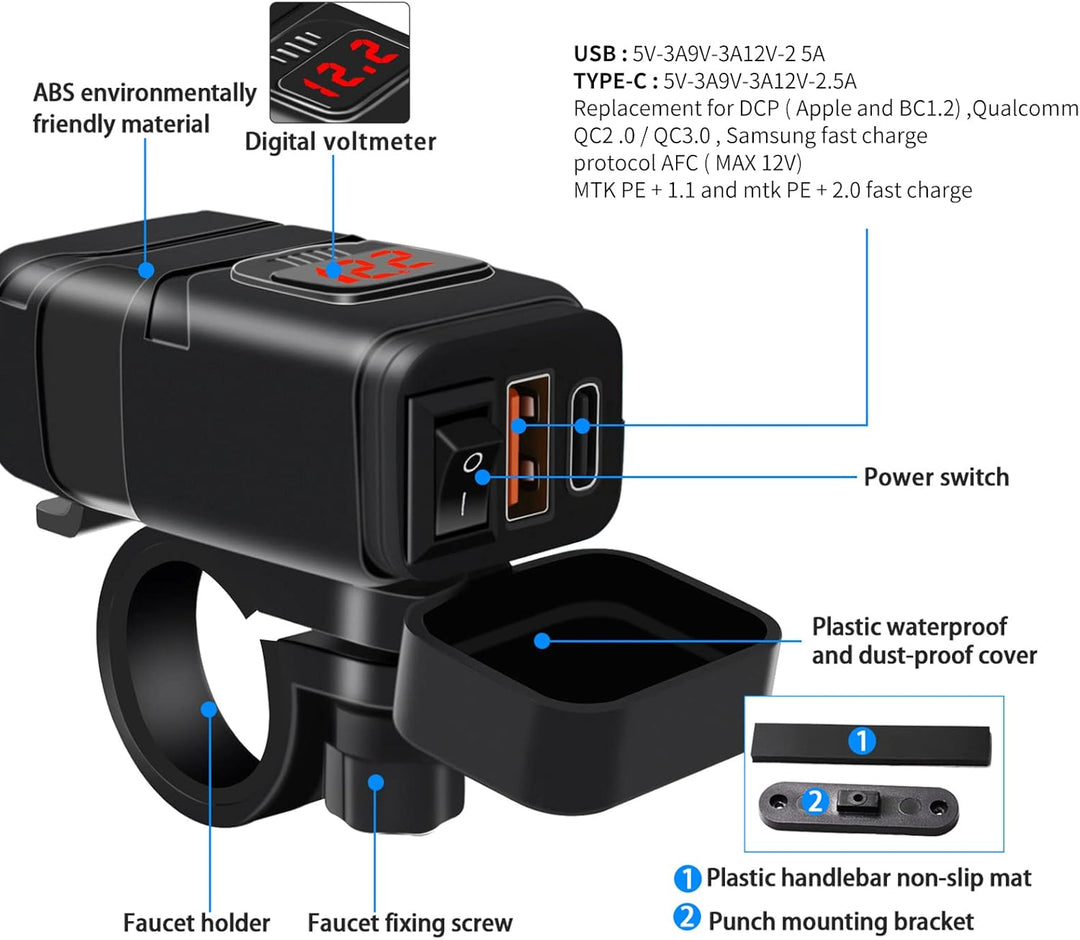 Motorrad USB- und Typ-C-Schnellladegerät mit Voltmeter – Drayvik