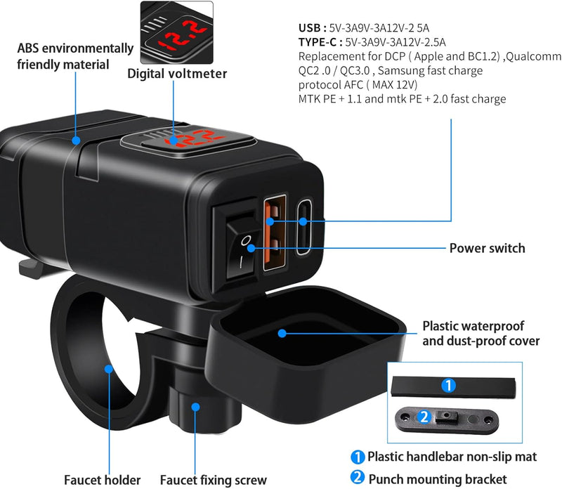 Motorrad USB- und Typ-C-Schnellladegerät mit Voltmeter – Drayvik