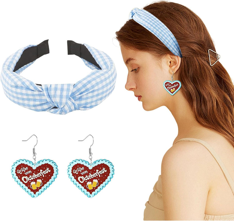 Diadema a cuadros y pendientes de corazón de pan de jengibre – BavariaCharme Oktoberfest 2025