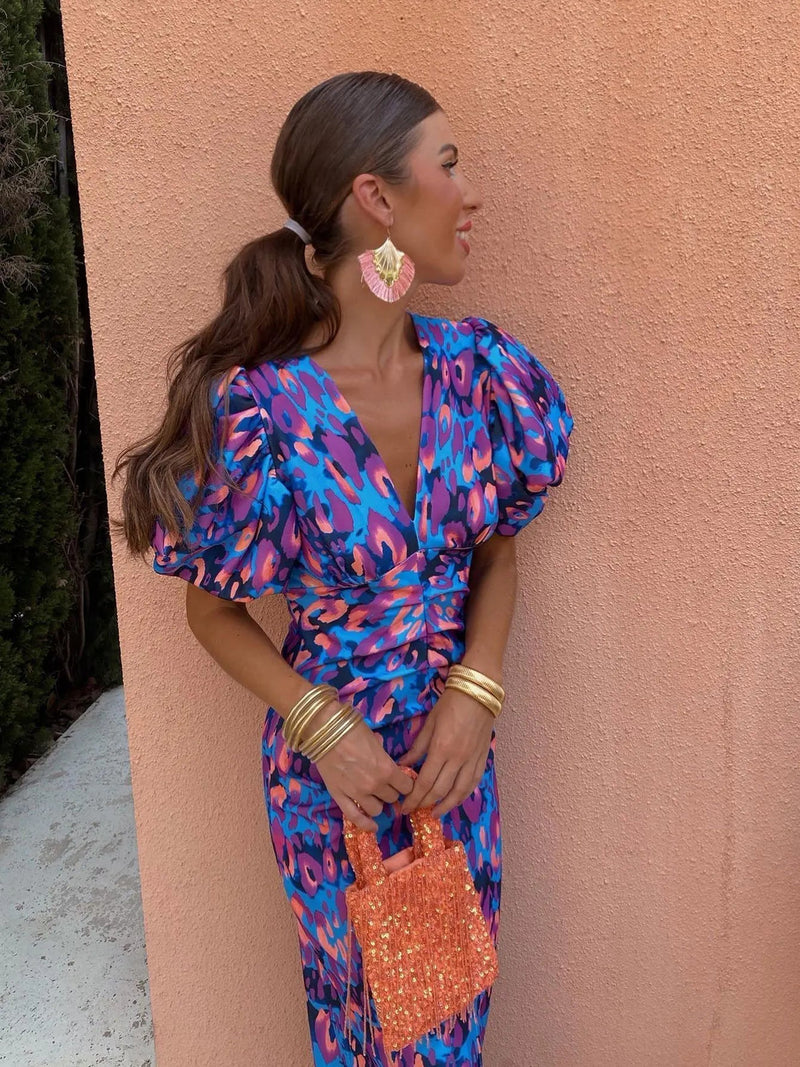 Colorful women's dress with pleated sleeves & comfortable cut – Noelia