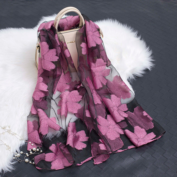 Bufanda de seda para mujer a la moda con estampado de flores y diseño con recortes – Fiora (1+1 GRATIS)