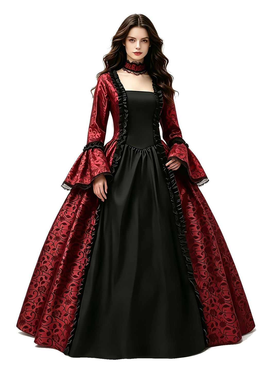 Rote Kleidvariante in Frontansicht mit Blumenranken-Muster, Spitzenchoker und ausgestellten Ärmeln, Model vor weißem Hintergrund. 10
