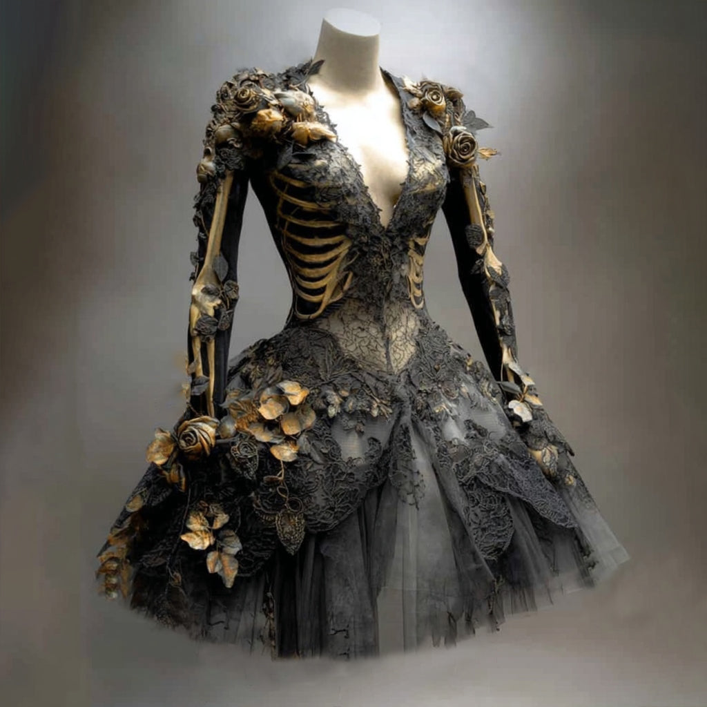 Schwarzes Minikleid mit goldenem Skelettmuster, Spitze, Tüllrock und goldenen Rosen auf einer Büste, tiefer V-Ausschnitt. 1