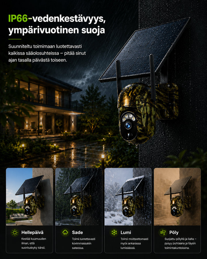 Kamera mit Solarpanel an einer Hauswand im Regen bei Nacht, darunter vier Bilder zu Sonne, Regen, Schnee und Staub. 7