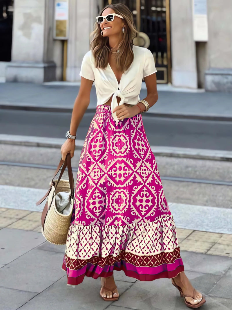 Printed Boho Maxi Skirt with Flowing Cut & Fringes – Yalina