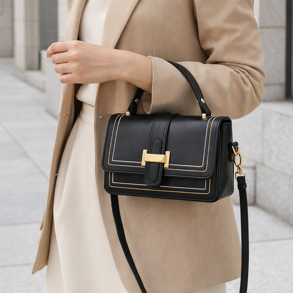 Model in beigem Blazer trägt die schwarze Tasche am Unterarm, goldene Schließe und Ziernähte sind deutlich zu erkennen. 6