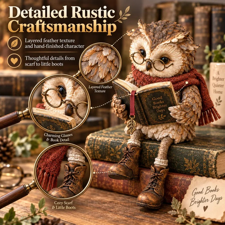 Detailcollage mit Lupen auf Federstruktur, Brille und Buch sowie Schal und kleine Stiefel der Eule auf alten Büchern. 4