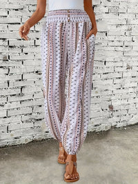 Boho High-Waist Women's Pants with Print & Smocked Waist – Linara