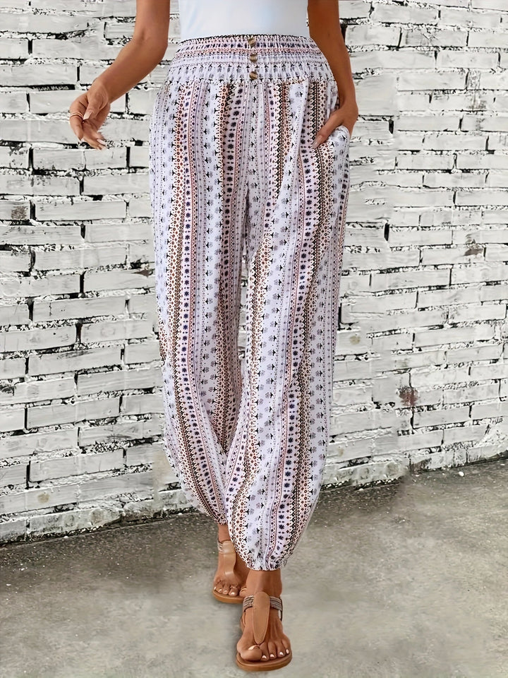 Boho High-Waist Women's Pants with Print & Smocked Waist – Linara
