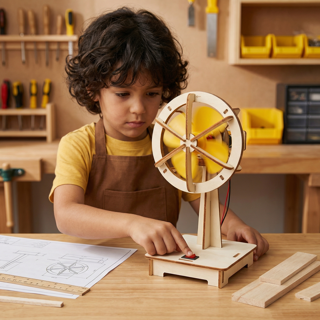 Konzentriertes Kind drückt am Werktisch den roten Schalter eines Holz-Ventilators mit gelben, sich drehenden Rotorblättern. 2