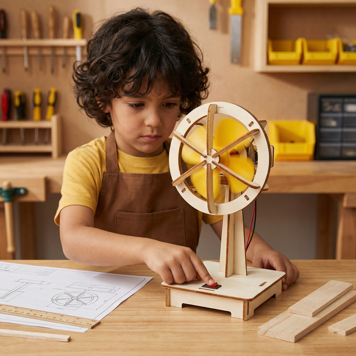 Konzentriertes Kind drückt am Werktisch den roten Schalter eines Holz-Ventilators mit gelben, sich drehenden Rotorblättern. 2
