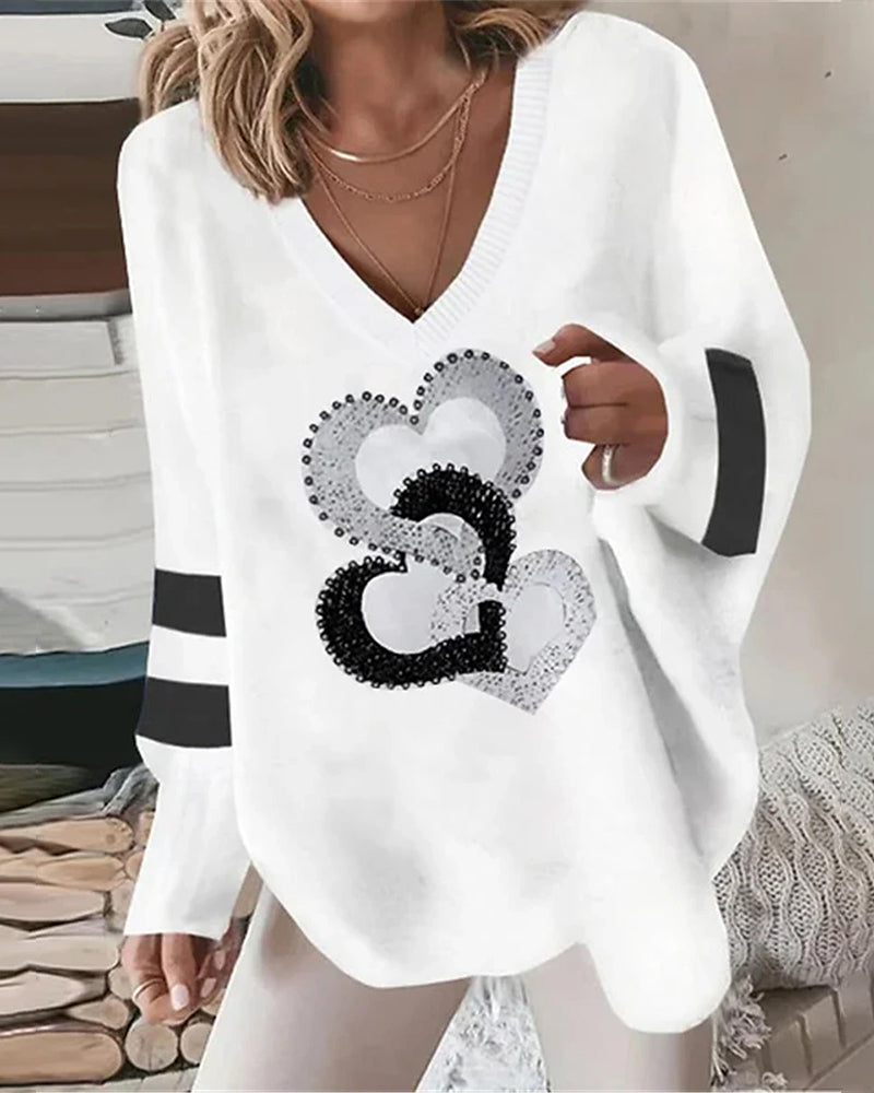 Women's Sweater with Heart Pattern & V-Neck – Milena