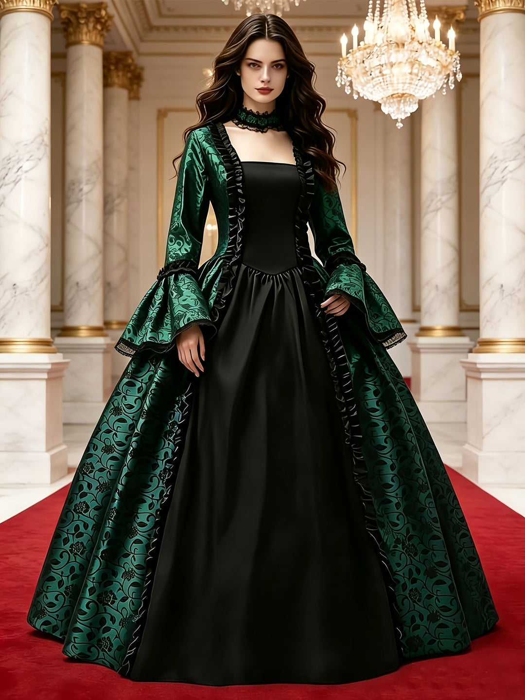 Grüne Variante des Kleids mit schwarzem Mittelteil, Rüschen und Spitzenärmeln, Model im Marmorsaal mit Kronleuchter auf rotem Teppich. 6