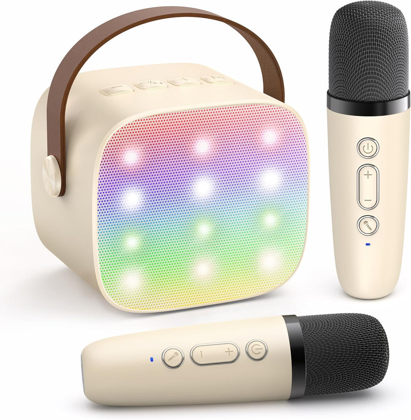 Máquina de karaoke mini portátil con altavoz Bluetooth y 2 micrófonos inalámbricos – Veylo