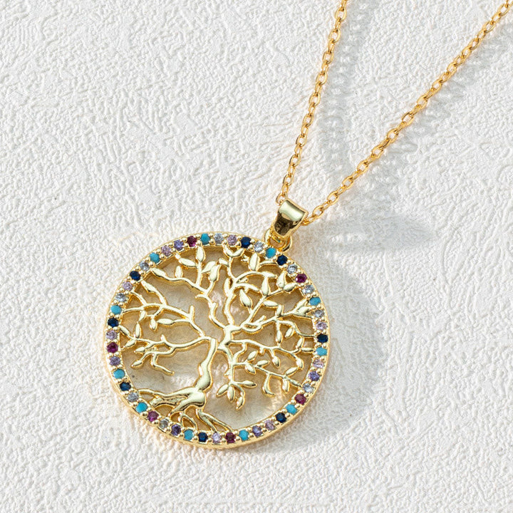 Zirconia Round Hollow Tree of Life Pendant – Necklace – Luna