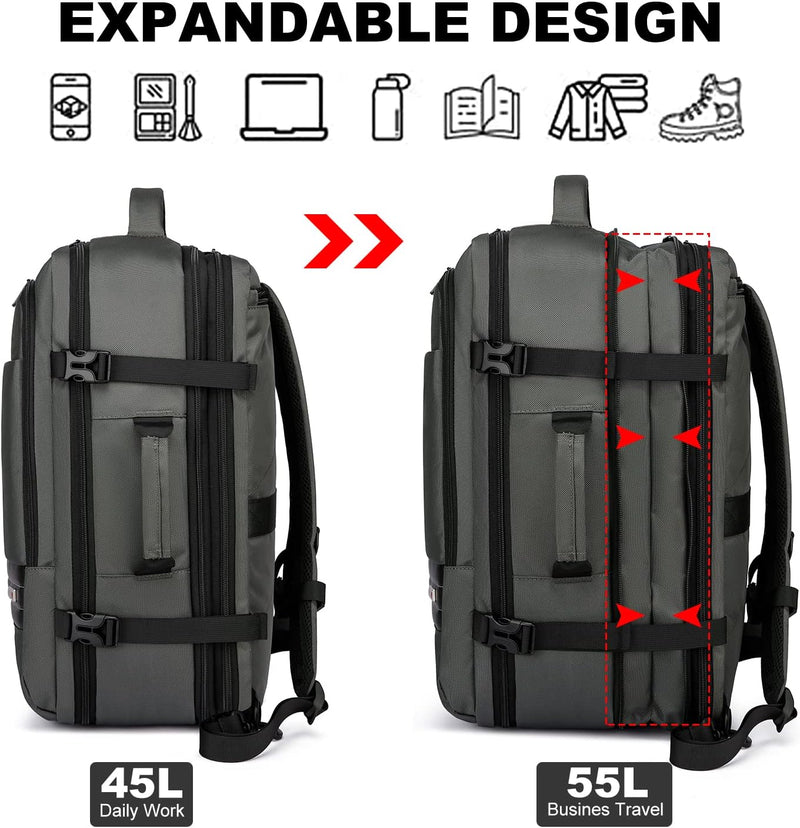 Utvidbar 45–55L vanntett reise-ryggsekk med 46,5 cm laptoplomme