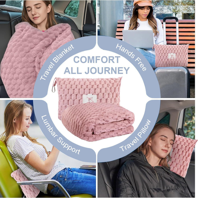 Packable Flanell-Reise-Decke mit Kissentasche und Gepäckschlitz – Trevora