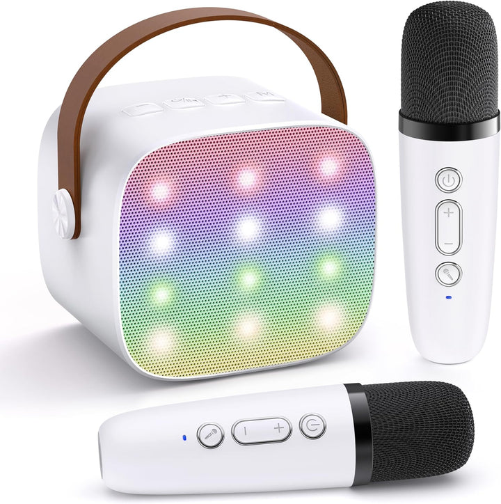 Máquina de karaoke mini portátil con altavoz Bluetooth y 2 micrófonos inalámbricos – Veylo