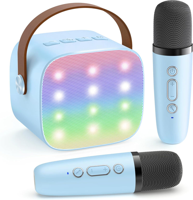 Máquina de karaoke mini portátil con altavoz Bluetooth y 2 micrófonos inalámbricos – Veylo