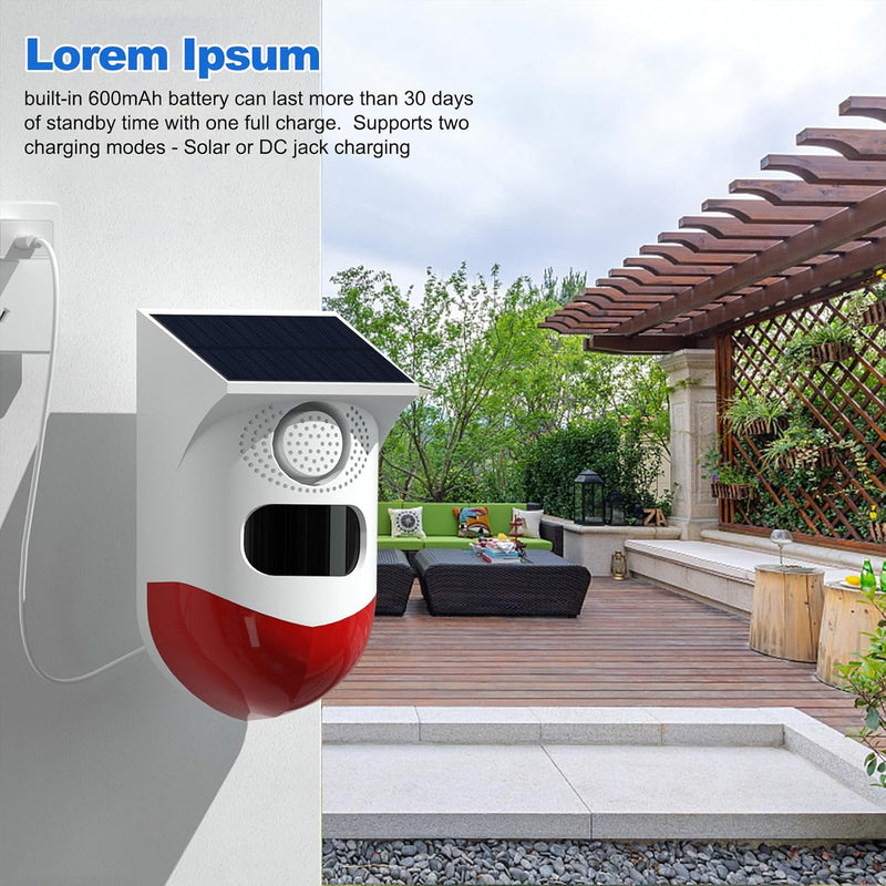 Solar-Motionsensoralarm mit 120dB Sirene und LED-Stroboskop – Feronix