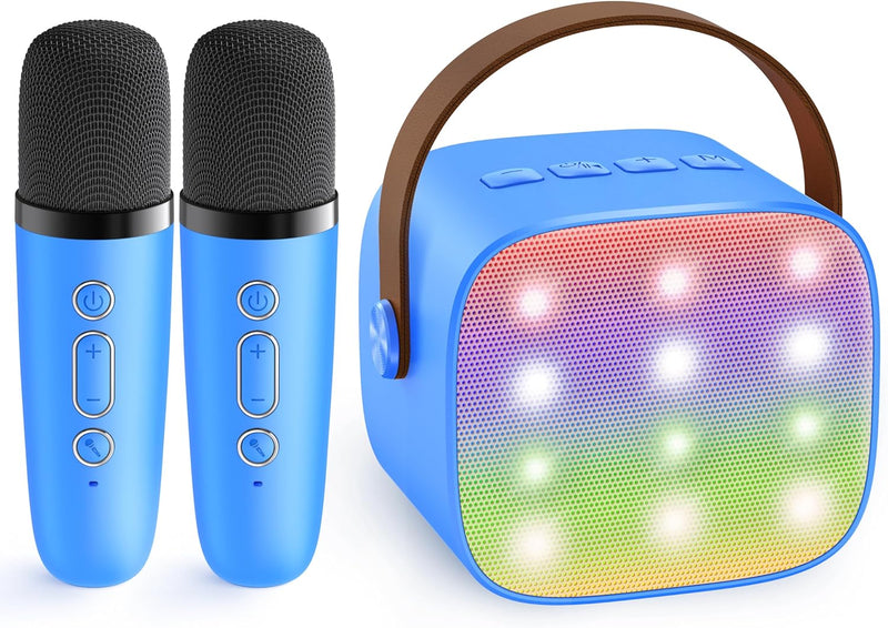 Máquina de karaoke mini portátil con altavoz Bluetooth y 2 micrófonos inalámbricos – Veylo