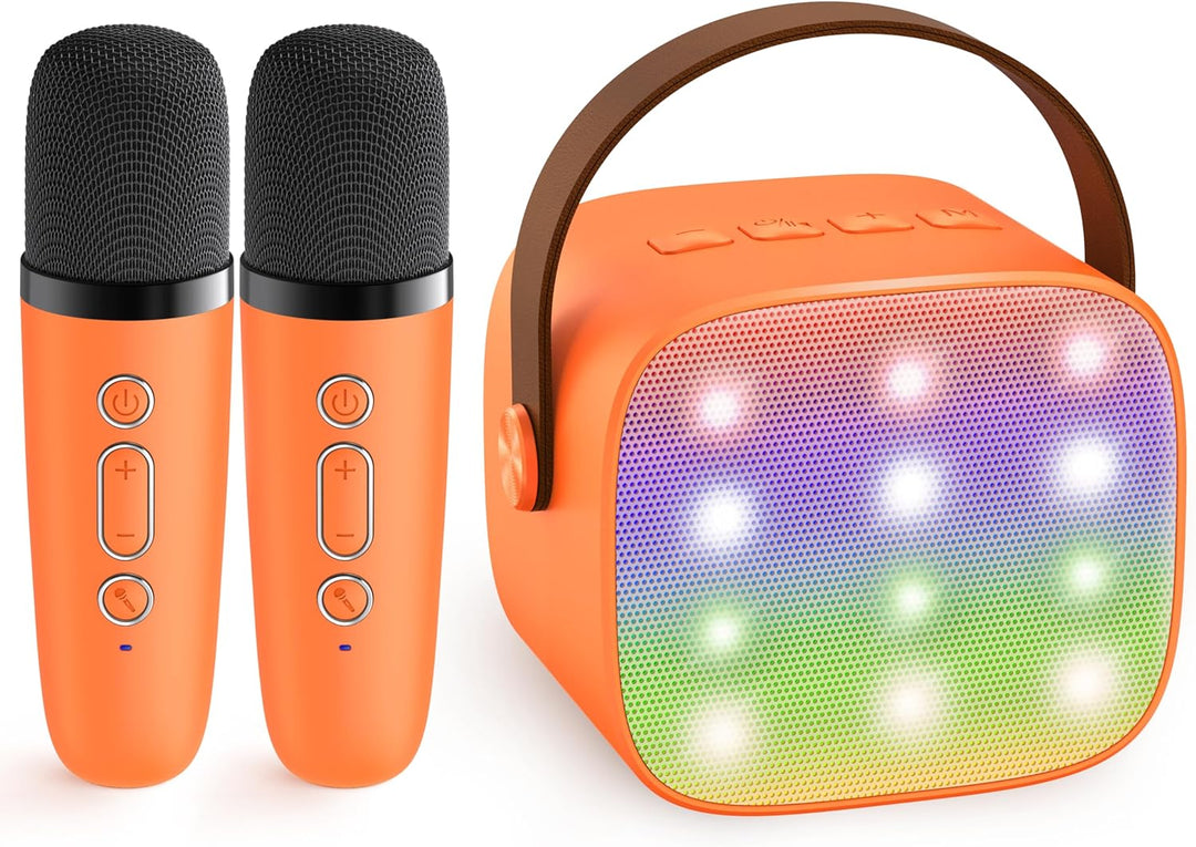 Máquina de karaoke mini portátil con altavoz Bluetooth y 2 micrófonos inalámbricos – Veylo