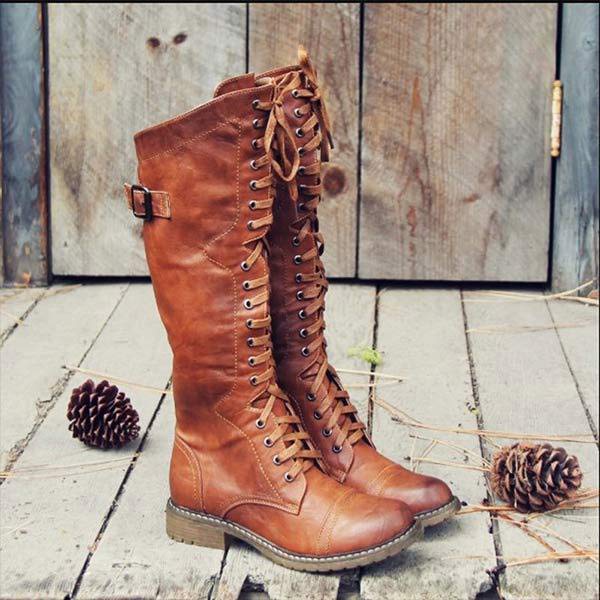 Knee-high leather women's boots with lacing and orthopedic comfort – Soraya
