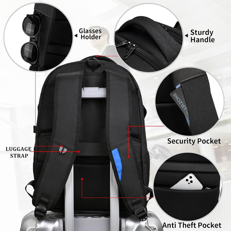 Vanntett reiselaptop-ryggsekk med USB-tilkobling og organisert oppbevaring