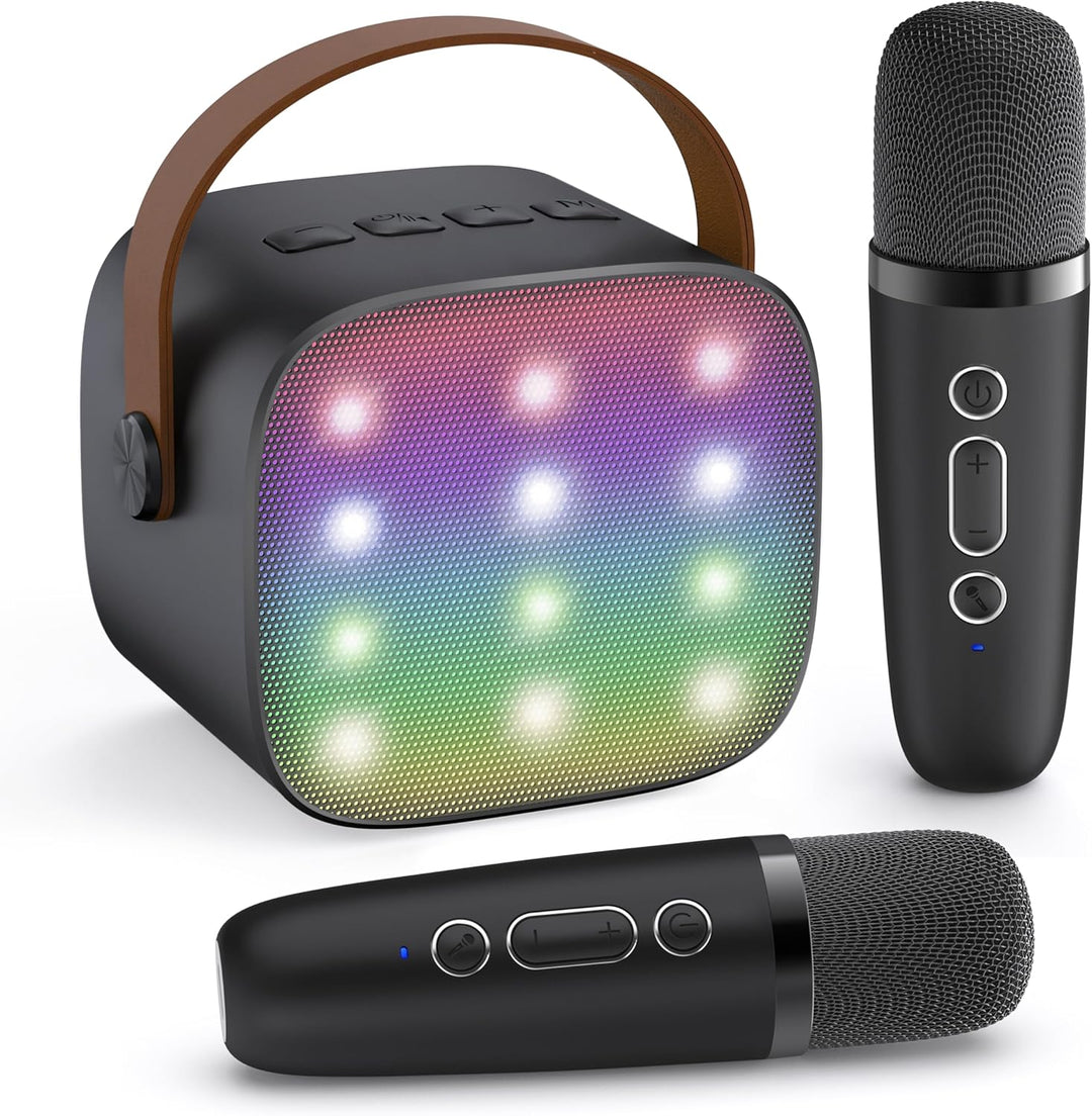 Máquina de karaoke mini portátil con altavoz Bluetooth y 2 micrófonos inalámbricos – Veylo