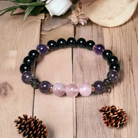Pulsera de cuentas de 8 mm de cuarzo rosa, obsidiana y amatista - Aurora