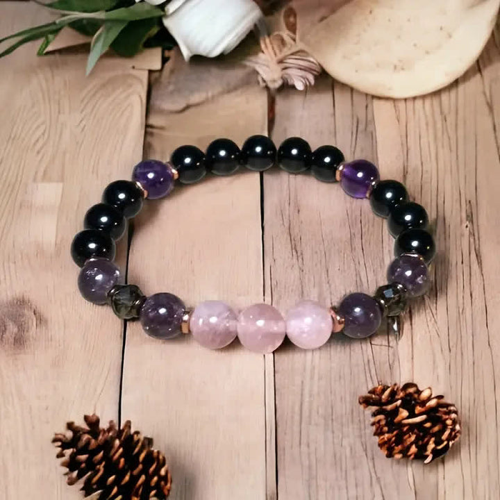 Pulsera de cuentas de 8 mm de cuarzo rosa, obsidiana y amatista - Aurora