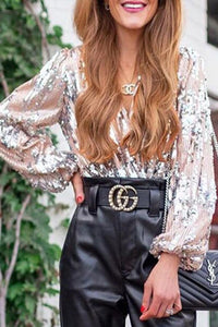 Sparkling & Stylish Women's Glitter V-Neck Long Sleeve Top – Naya
