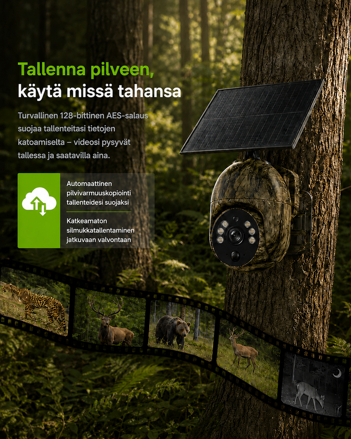 Getarnte Kamera mit Solarpanel an einem Waldbaum, davor ein Filmstreifen mit aufgezeichneten Tierbildern und Cloud-Symbol. 8
