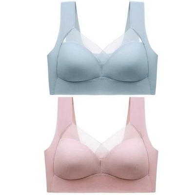 Zwei nahtlose Bralettes mit breiten Trägern und transparentem Ausschnitteinsatz, eines in Hellblau oben, eines in Rosa unten, Vorderansicht. 23