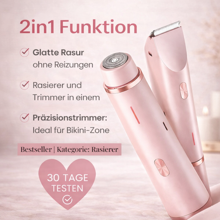 Rosa Rasieraufsatz und Trimmer schräg nebeneinander, dazu eine Liste der Vorteile der 2-in-1-Funktion und ein Herz-Siegel. 6